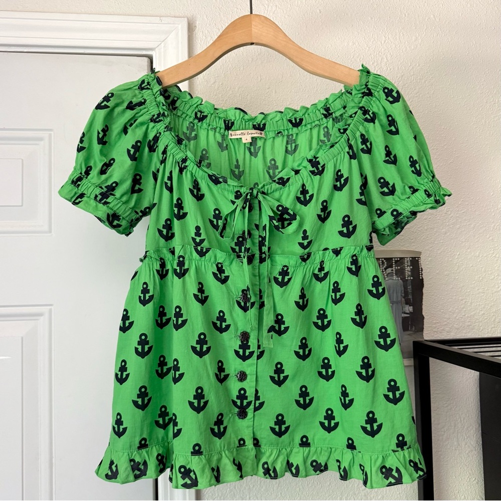 Nanette Lepore green black‎ puff short sleeve button up cropped blouse